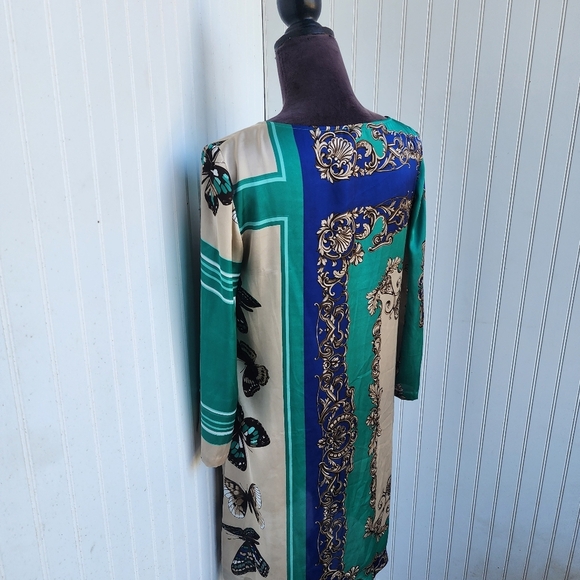 Cache Satin Green Blue Dress Beige Butterfly Scroll Chain Equestrian Print Sz M - Picture 9 of 16